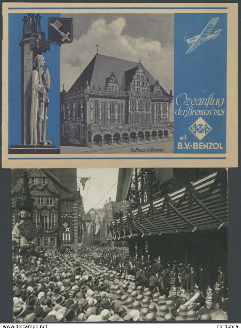 ALTE ANSICHTSKARTEN 1928, Ozeanflug Der BREMEN Mit B.V. BENZOL, 8-seitige Bebilderte Broschüre Zum Empfang Der Stadt Bre - Autres & Non Classés