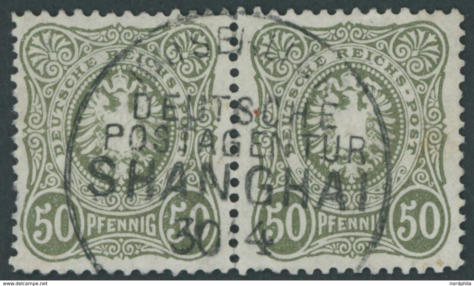 DP CHINA V 44b,Cb O, 1888, 50 Pf. Oliv Im Waagerechten Paar, Linke Marke Schmale Marke!, Mit Stempel KDPAG SHANGHAI, übl - Cina (uffici)