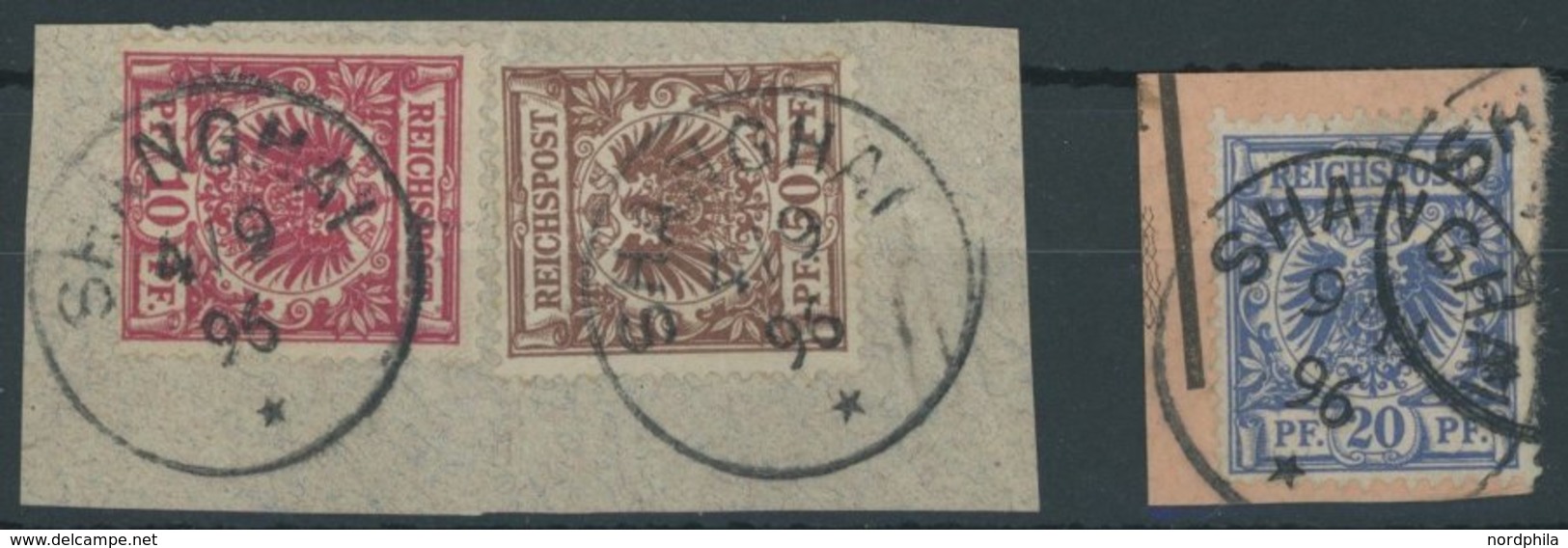 DP CHINA V 47d,48d,50d BrfStk, 1896, 10 Pf. Lilarot, 20 Pf. Violettultramarin Und 50 Pf. Rötlichbraun Auf Briefstücken,  - Deutsche Post In China