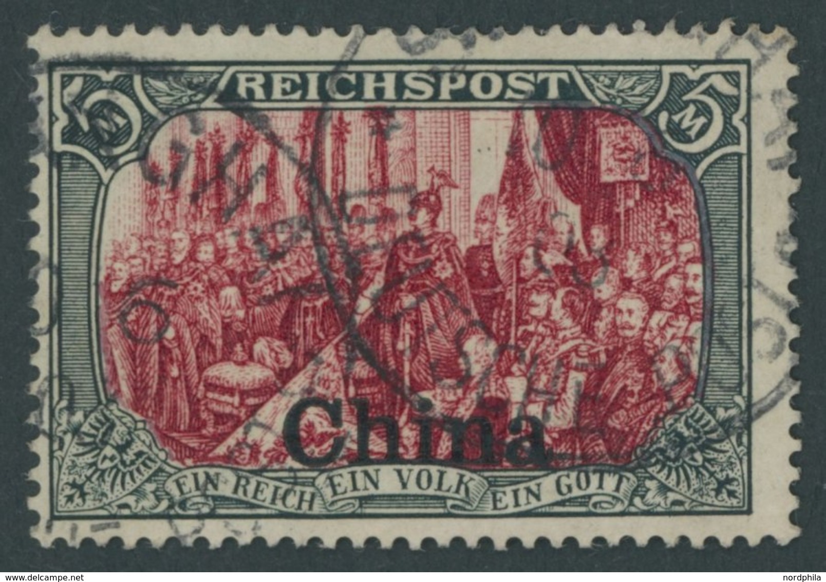 DP CHINA 27III O, 1901, 5 M. Reichspost, Type I, Nachmalung Mit Rot Und Deckweiß, Pracht, Mi. 400.- - Cina (uffici)