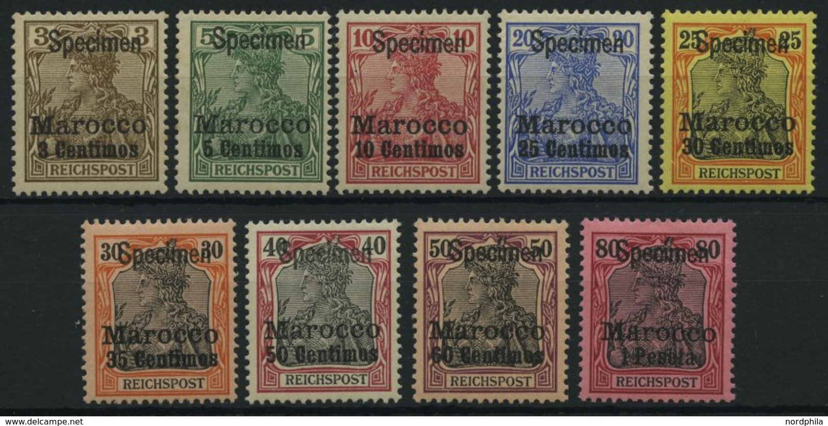 DP IN MAROKKO 7-15SP *, 1900, 3 C. Auf 3 Pf. - 1 P. Auf 80 Pf. Reichspost Mit Aufdruck Specimen, Falzrest, 9 Prachtwerte - Marocco (uffici)