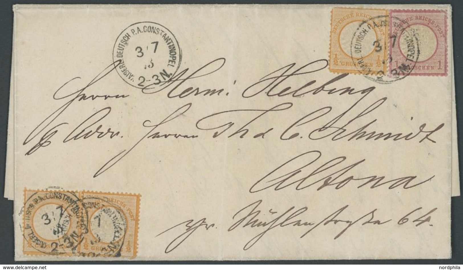 DP TÜRKEI V 18,19 BRIEF, 3.7.1873, 1/2 Gr. (3x) Und 1 Gr. Großer Brustschild Auf Brief über VARNA-DONAU Nach Altona, Mar - Turkey (offices)