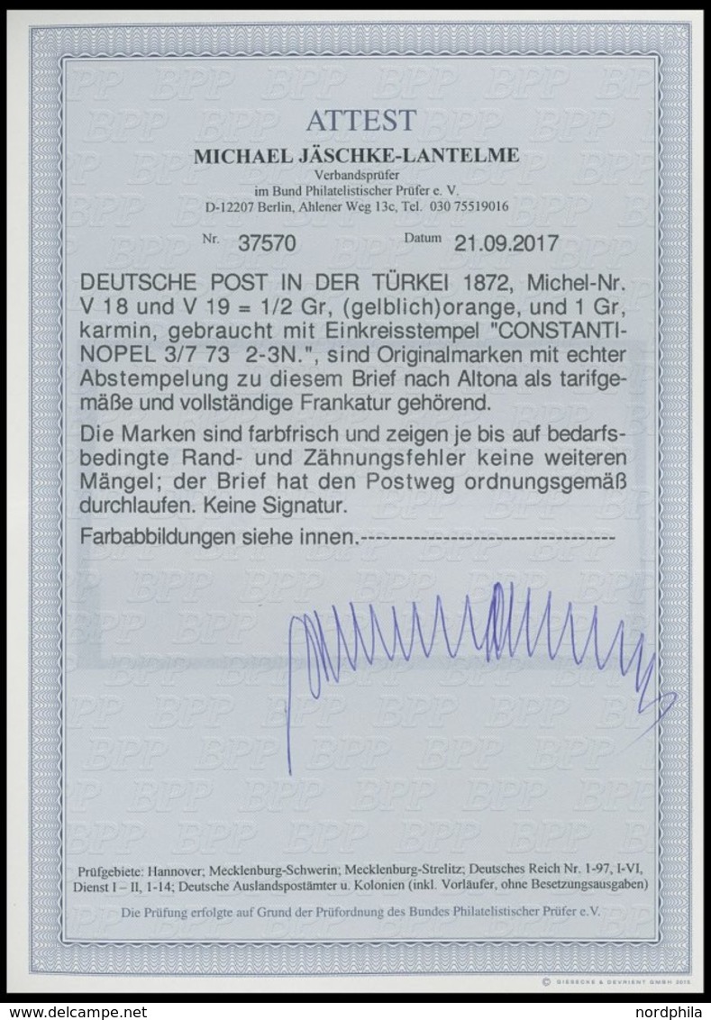 DP TÜRKEI V 18,19 BRIEF, 3.7.1873, 1/2 Gr. (3x) Und 1 Gr. Großer Brustschild Auf Brief über VARNA-DONAU Nach Altona, Mar - Turquia (oficinas)