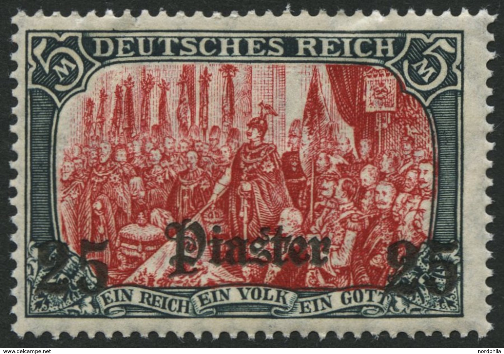 DP TÜRKEI 47b **, 1908, 25 Pia. Auf 5 M., Mit Wz., Karmin Quarzend, Postfrisch, Feinst, Mi. 100.- - Turquie (bureaux)