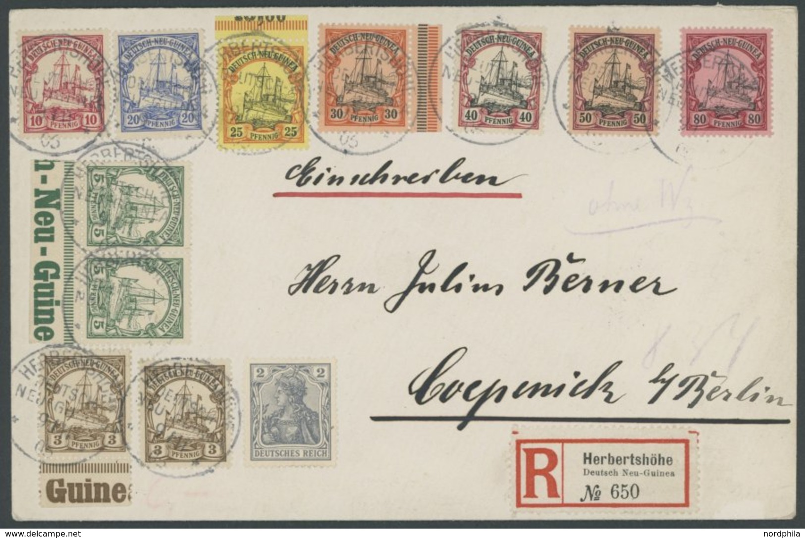 DEUTSCH-NEUGUINEA 7-15 BRIEF, 1901, 3 - 80 Pf. Kaiseryacht Auf Einschreibbrief Von Herbertshöhe Nach Coepenick, Pracht - German New Guinea