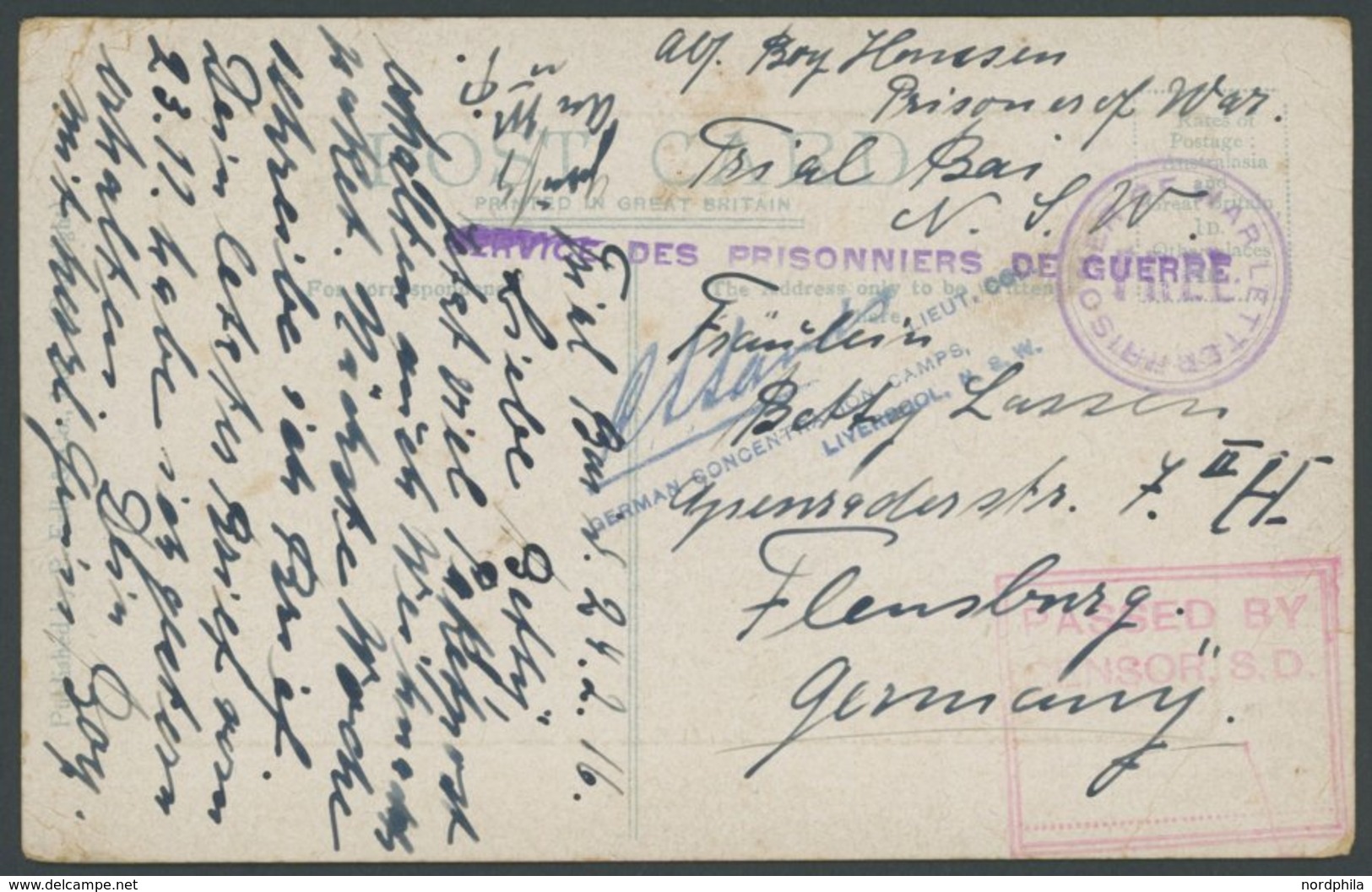 DEUTSCH-NEUGUINEA 1916, Ansichtskarte Aus Dem Lager TRIAL BAY Mit Blauem Zensurstempel L4 ... LIEUT.COL. GERMAN CONCENTR - Nueva Guinea Alemana