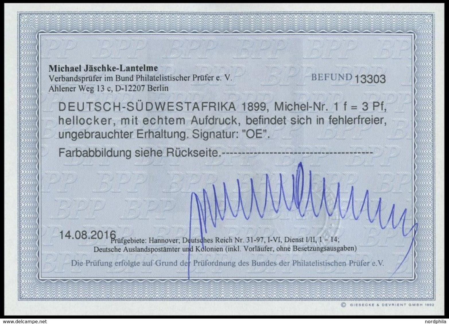 DSWA 1f *, 1897, 3 Pf. Hellocker, Falzrest, Pracht, Fotobefund Jäschke-L., Mi. 350.- - Deutsch-Südwestafrika