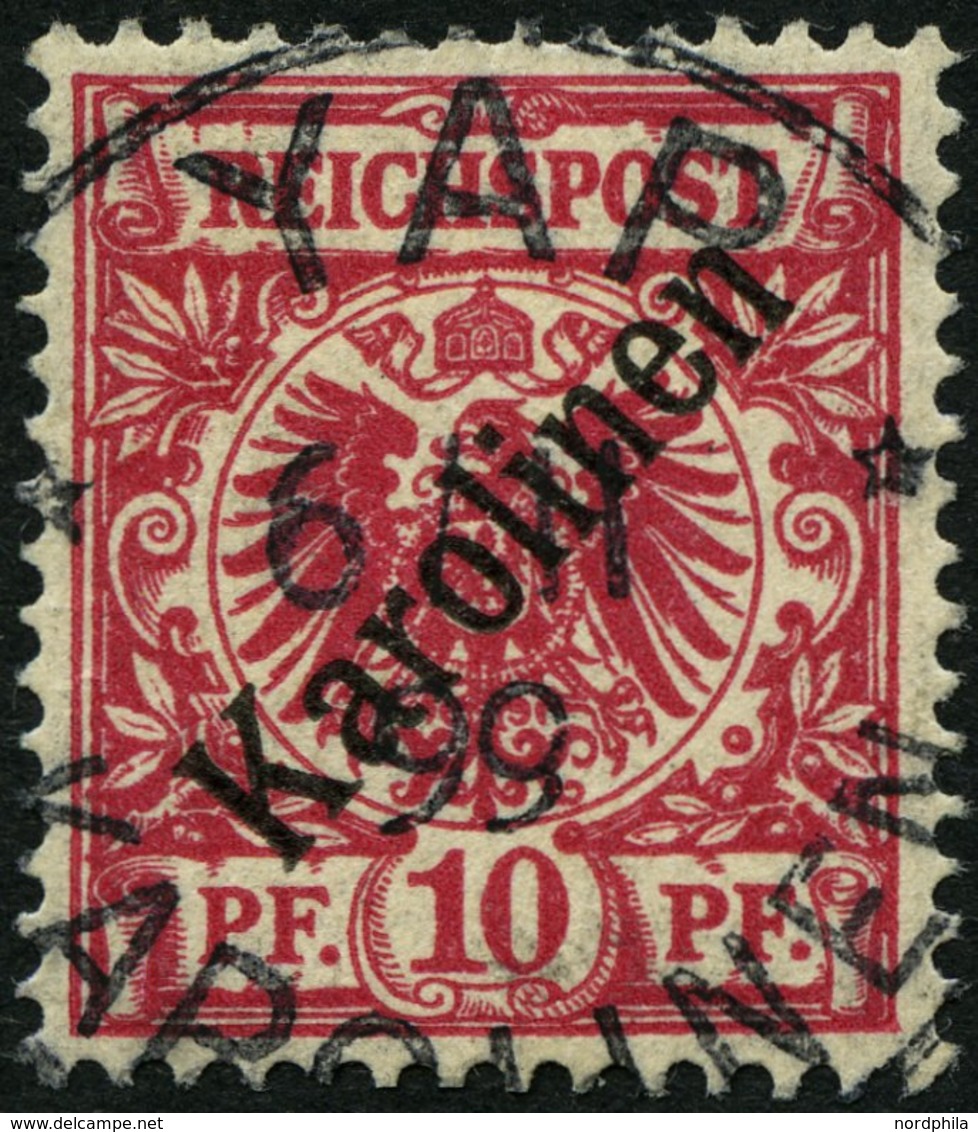 KAROLINEN 3I O, 1899, 10 Pf. Diagonaler Aufdruck, Stempel YAP, Pracht, Gepr. Steuer, Mi. 160.- - Carolines