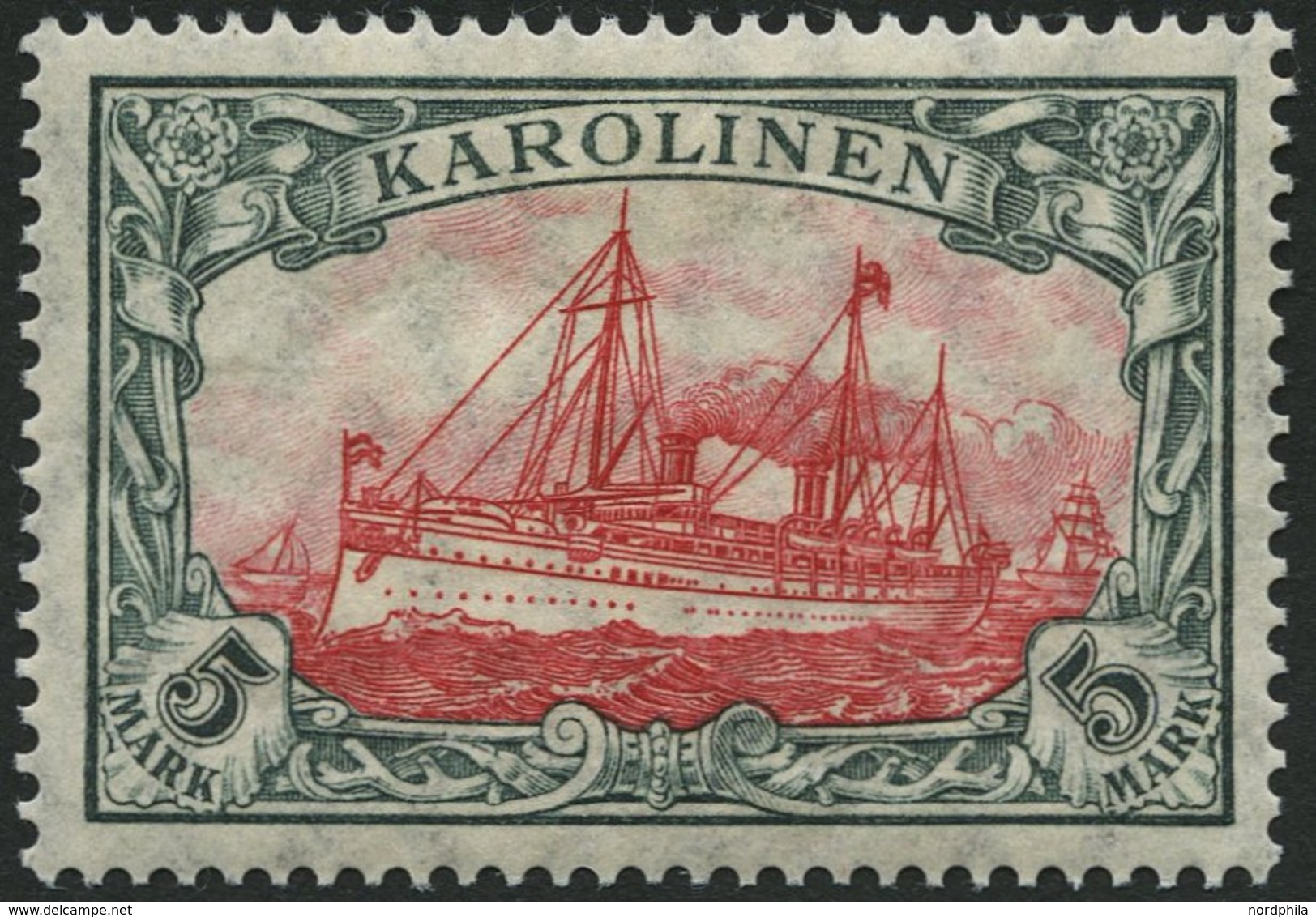 KAROLINEN 22IA *, 1915, 5 M. Grünschwarz/dunkelkarmin, Mit Wz., Friedensdruck, Falzrest, Pracht, Gepr. Jäschke-L., Mi. 2 - Carolines