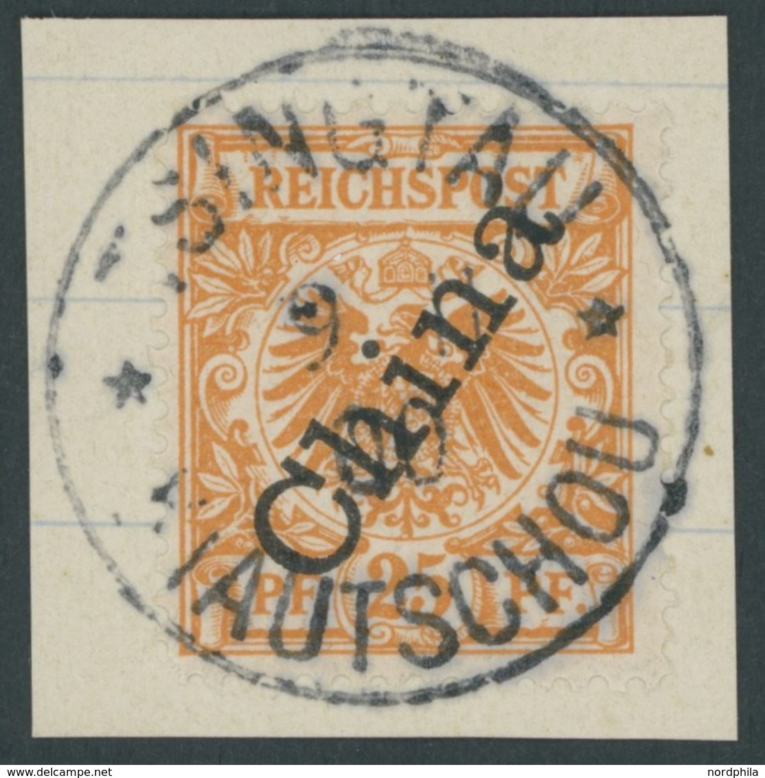 KIAUTSCHOU V 5IIa BrfStk, 1900, 25 Pf. Gelblichorange Steiler Aufdruck, Stempel TSINGTAU KIAUTSCHOU **, Kleiner Zahnfehl - Kiauchau