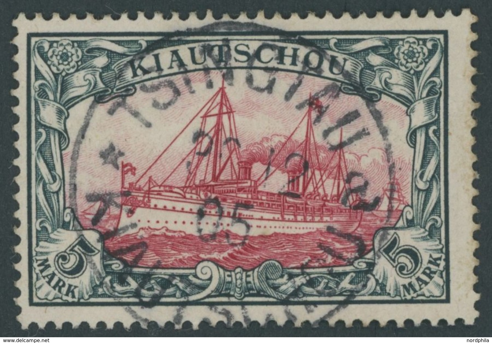 KIAUTSCHOU 17 O, 1901, 5 M. Grünschwarz/bräunlichkarmin, Ideal Gestempelt TSINGTAU A, Pracht, Mi. 800.- - Kiautchou