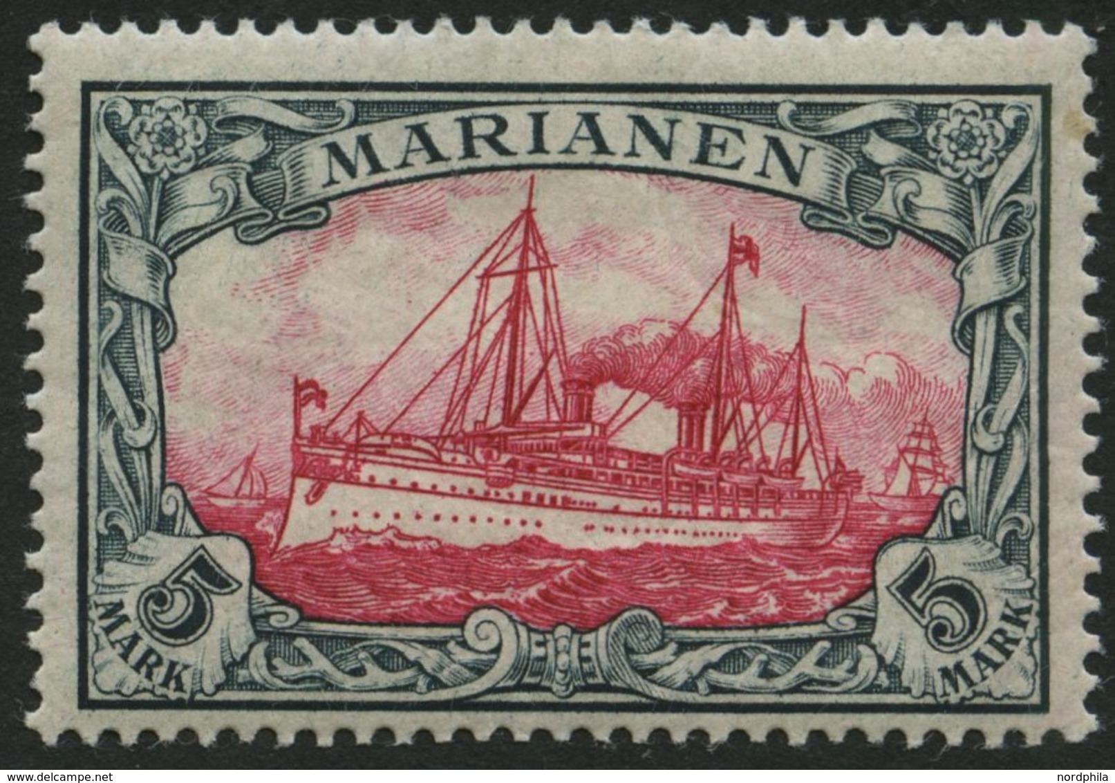 MARIANEN 19 *, 1901, 5 M. Grünschwarz/dunkelkarmin, Ohne Wz., Falzrest, Pracht, Signiert, Mi. 170.- - Mariannes