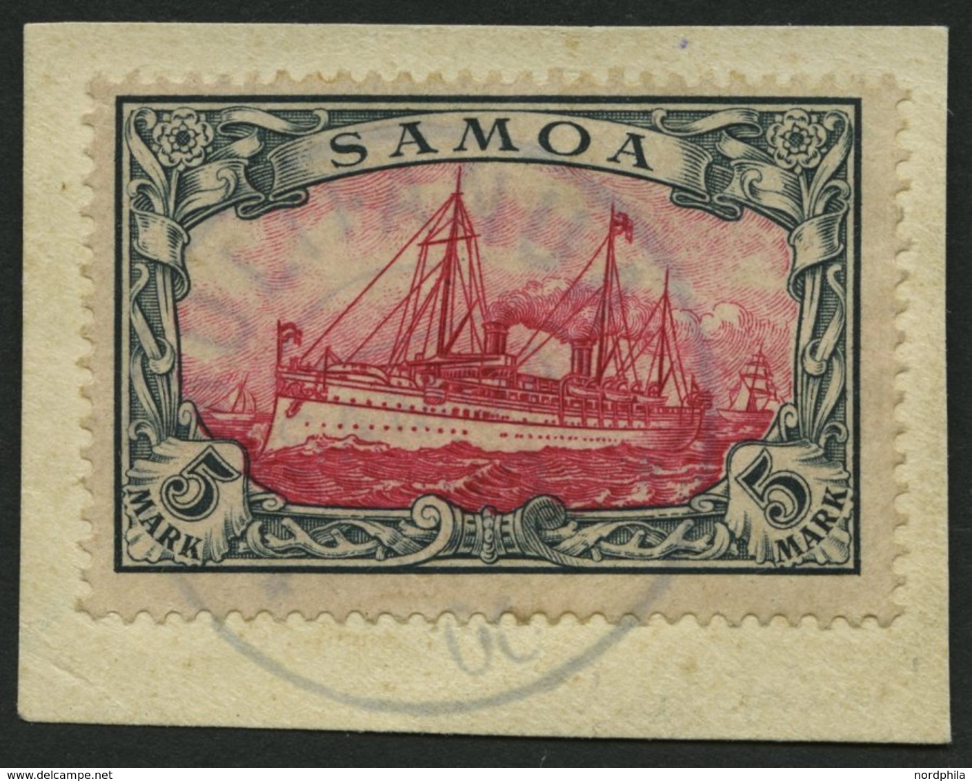 SAMOA 19 BrfStk, 1901, 5 M. Grünschwarz/bräunlichkarmin, Ohne Wz., Stempel MULIFANUA, Prachtbriefstück, Gepr. U.a. Bothe - Samoa