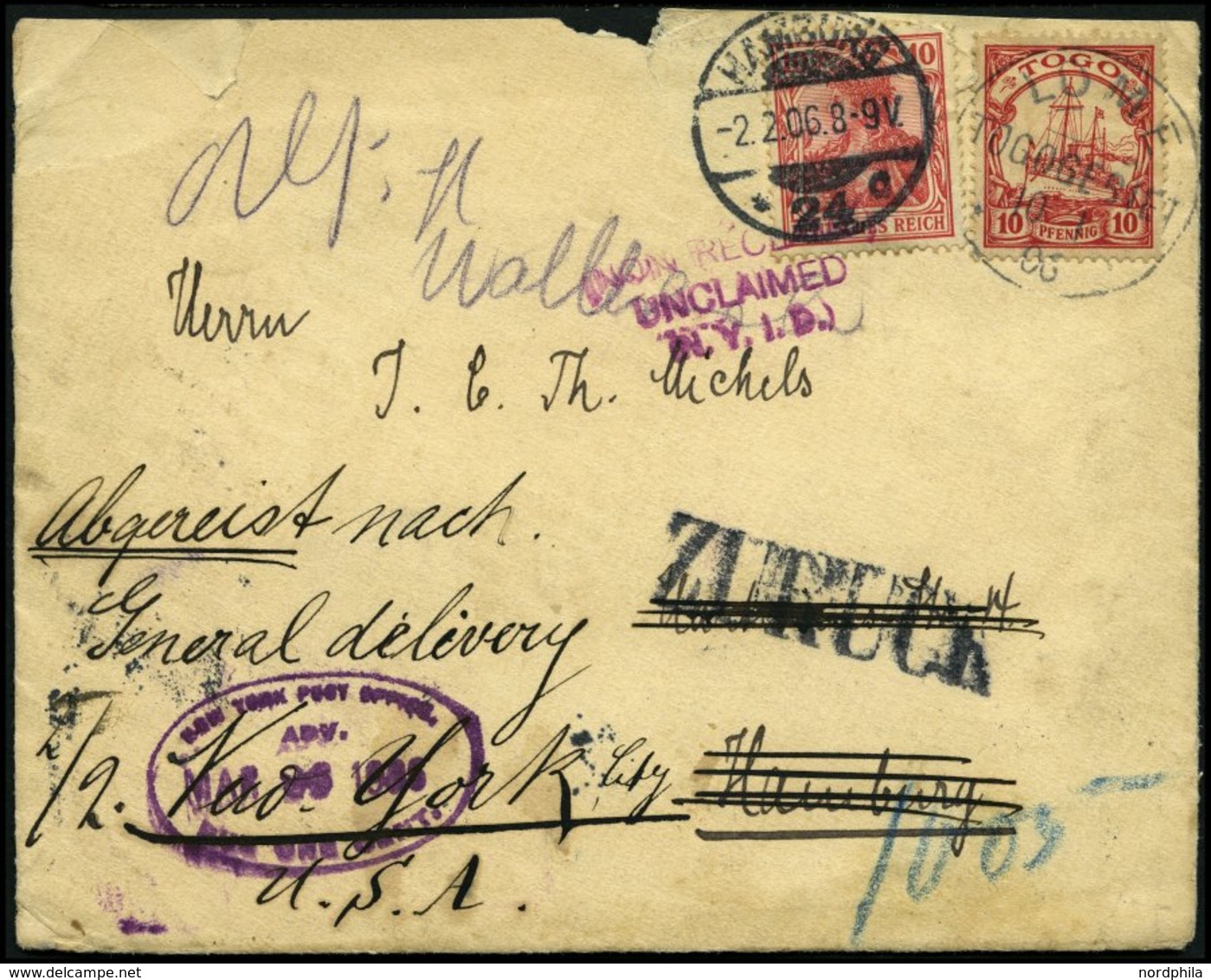 TOGO 9 BRIEF, 1906, 10 Pf. Dunkelkarminrot Auf Brief Der Woermann-Linie Von LOME Nach Hamburg Mit Zusatzfrankatur 10 Pf. - Togo
