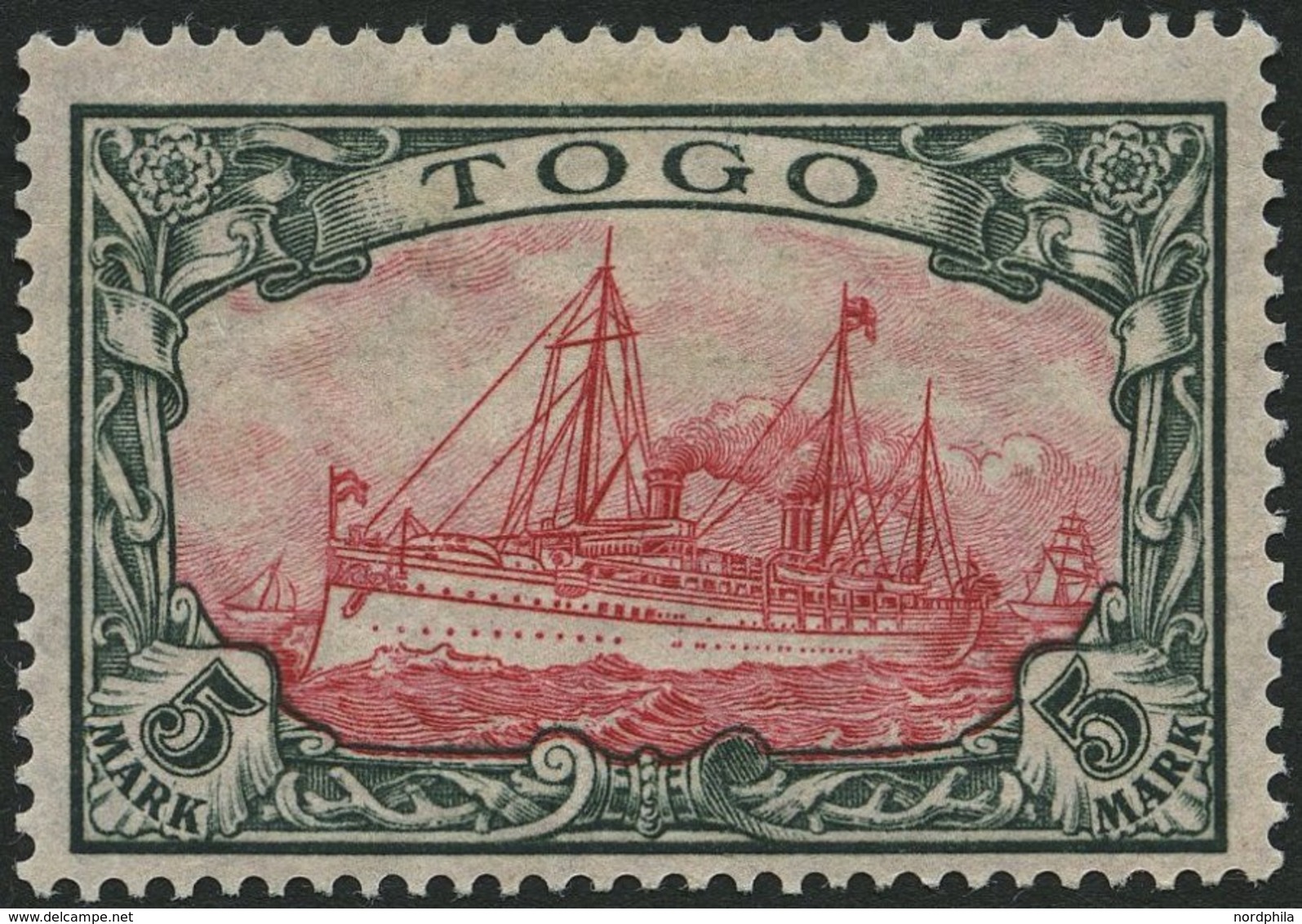 TOGO 23IIA *, 1919, 5 Mk. Grünschwarz/rotkarmin, Mit Wz., Kriegsdruck, Gezähnt A, Falzreste, Pracht, Gepr. Jäschke-L., M - Togo