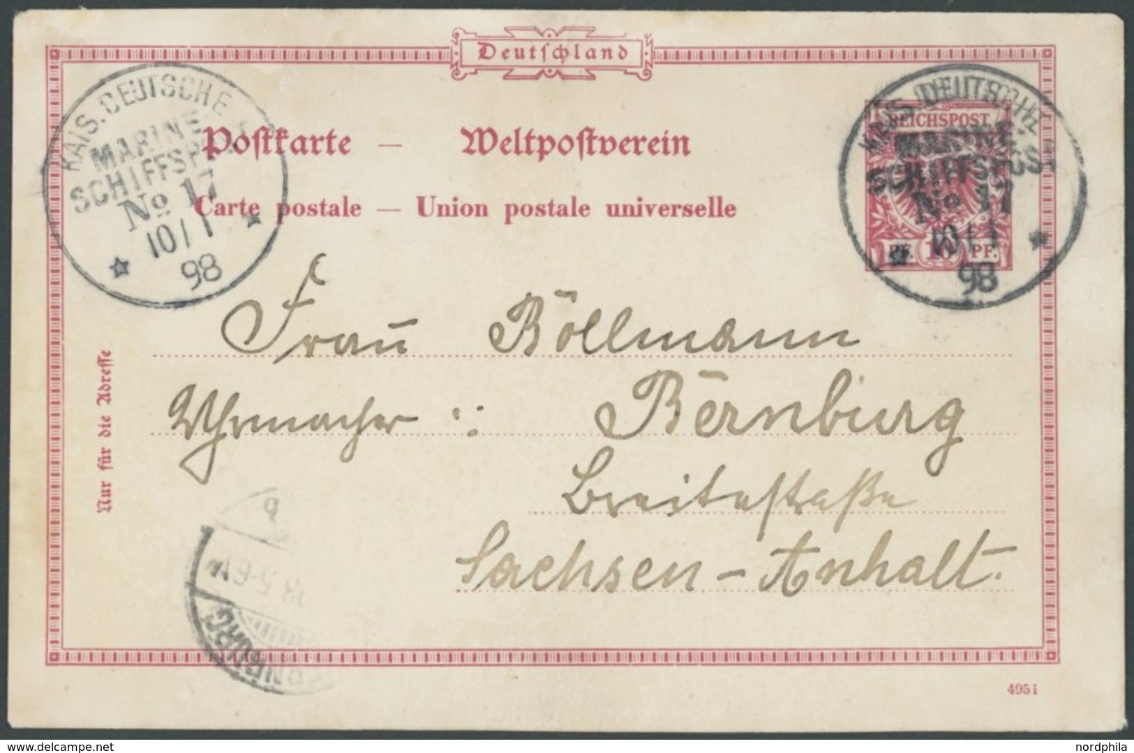 MSP BIS 1914 MSP P 1 BRIEF, 17 (S.M.S. CHARLOTTE AMALIA), 10.1.98, 10 Pf. MSP-Ganzsachenkarte Nach Bernburg, Pracht - Maritime