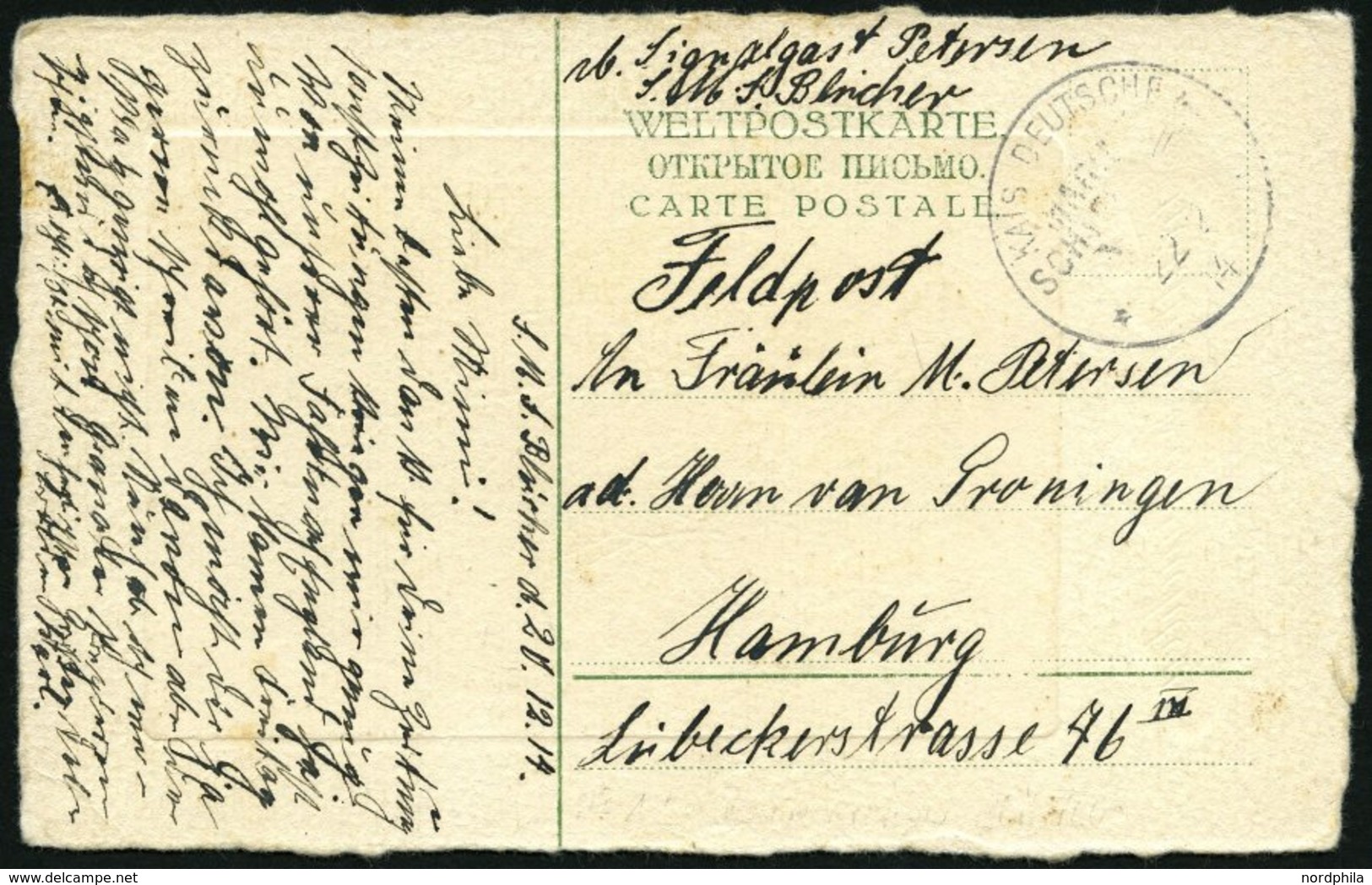 MSP VON 1914 - 1918 12 (BLÜCHER), 22.12.14, Feldpostkarte, Pracht - Marítimo