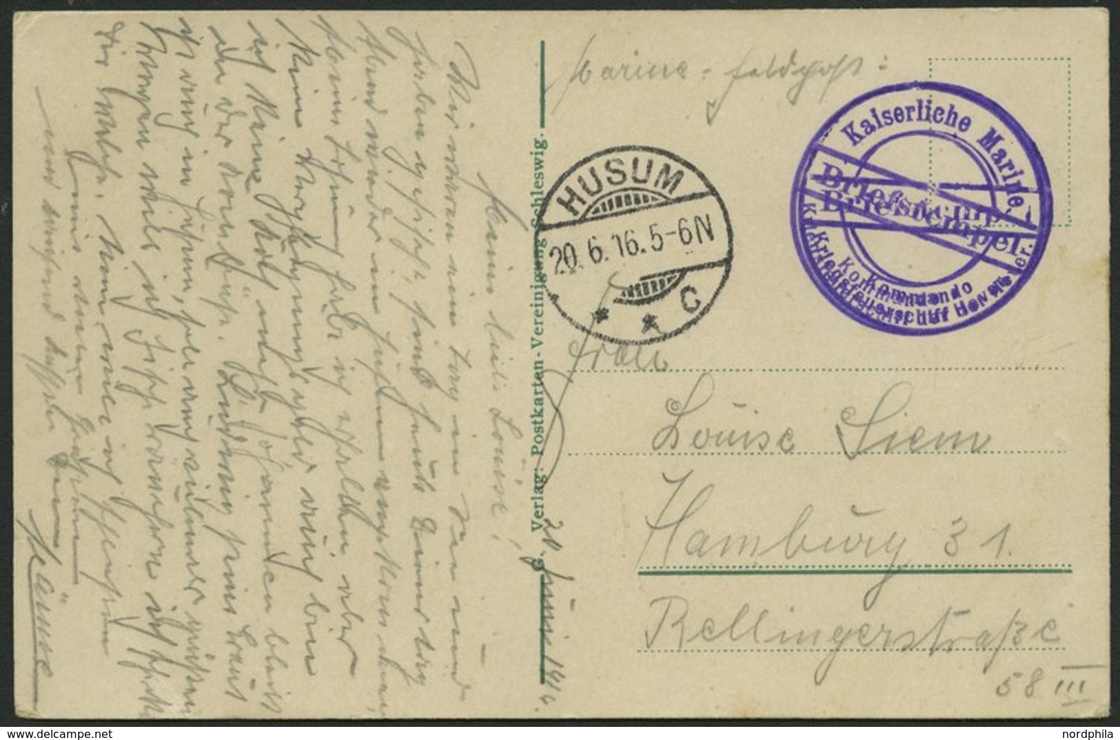 MSP VON 1914 - 1918 (Kriegsfeuerschiff Der Hever), 20.6.1916, Violetter Briefstempel, Poststempel Husum, Feldpost-Ansich - Maritime