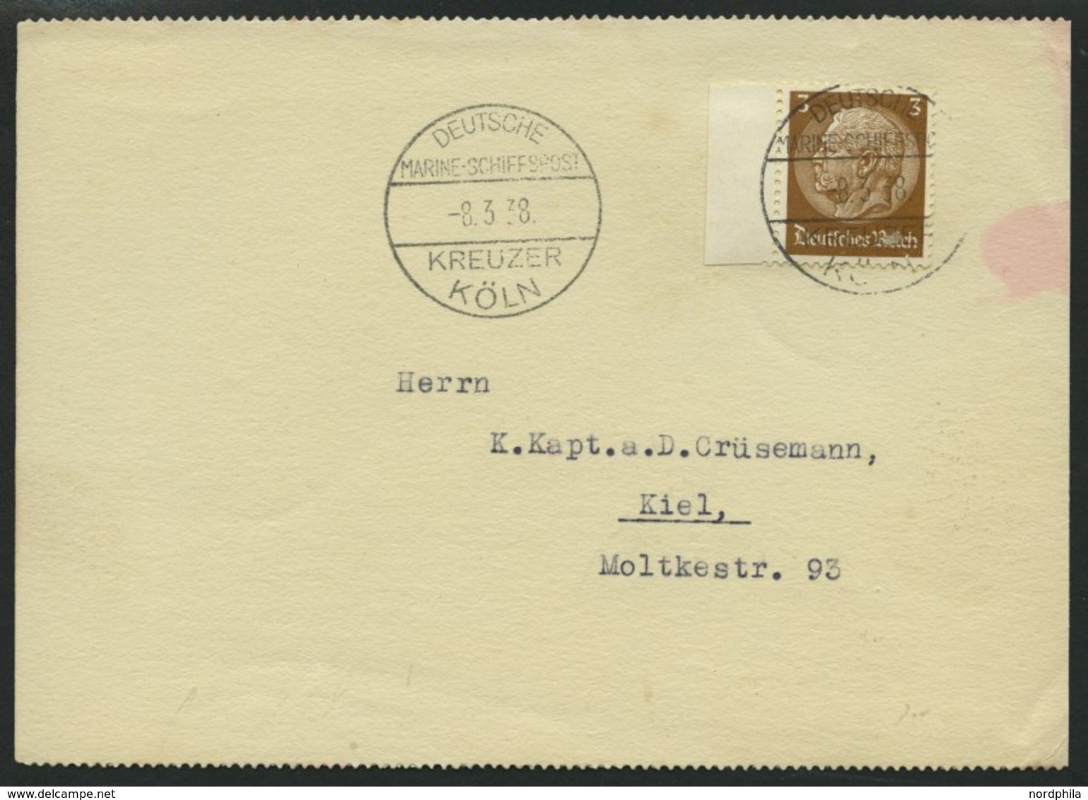 MSP VON 1920 - 1940 DR 513 BRIEF, Kreuzer Köln, 8.3.38, Auf Postkarte (rückseitig Unbeschriftet) An Kapt. A.D. Crüsemann - Schiffahrt