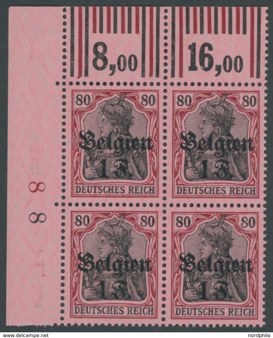 LANDESPOST IN BELGIEN 22WOR **, 1916, 1 F. Auf 80 Pf. Im Linken Oberen Eckrandviererblock, Walzendruck, Postfrisch, Prac - Occupazione 1914 – 18