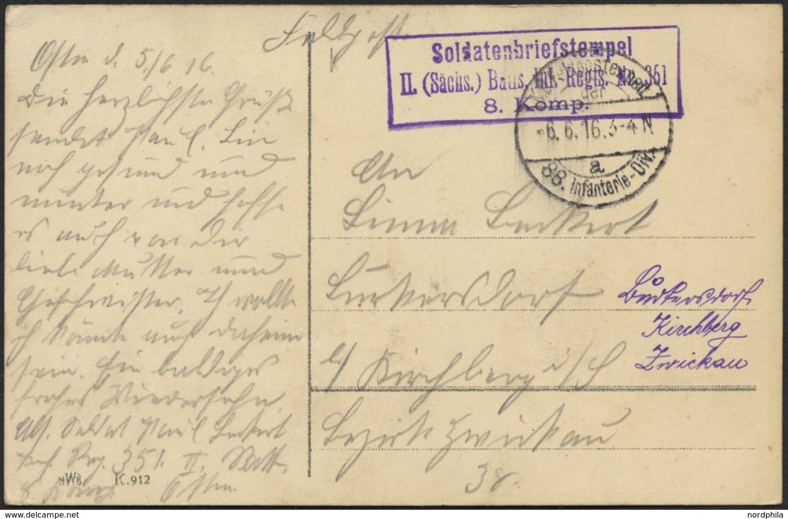 DT. FP IM BALTIKUM 1914/18 K.D. FELDPOSTEXPED. DER 88. INFANTERIE-DIV. A, 6.6.16, Auf Farbiger Pfingstskarte Nach Kirchb - Latvia