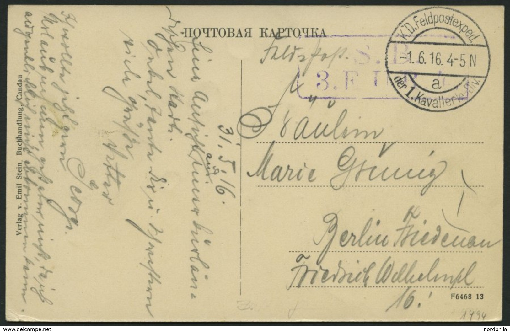 DT. FP IM BALTIKUM 1914/18 K.D. FELDPOSTEXPED. DER 1. KAVALLERIE-DIV. A, 1.6.16, Auf Ansichtskarte (Candau Pastorat) Nac - Latvia
