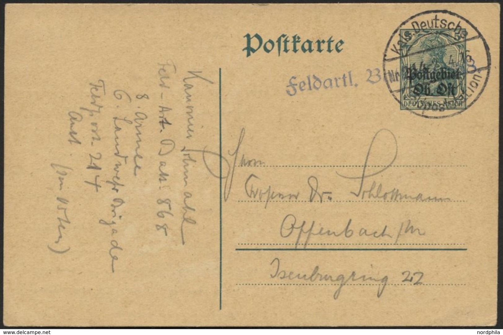 LETTLAND 2123 BRIEF, KaiS. DEUTSCHE FELDPOSTSTATION NR. 214, 2.4.16, Auf 5 Pf. Postgebiet-Ob-Ost-Ganzsachenkarte Von Mit - Letonia