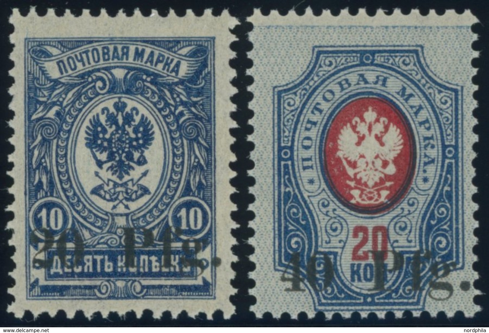 NOTAUSGABE FÜR DORPAT 1a,2 *, 1918, 20 Pf. A. 10 Kop. Und 40 Pf. Auf 20 Kop., Falzrest, Pracht, Mi. 100.- - Besetzungen 1914-18