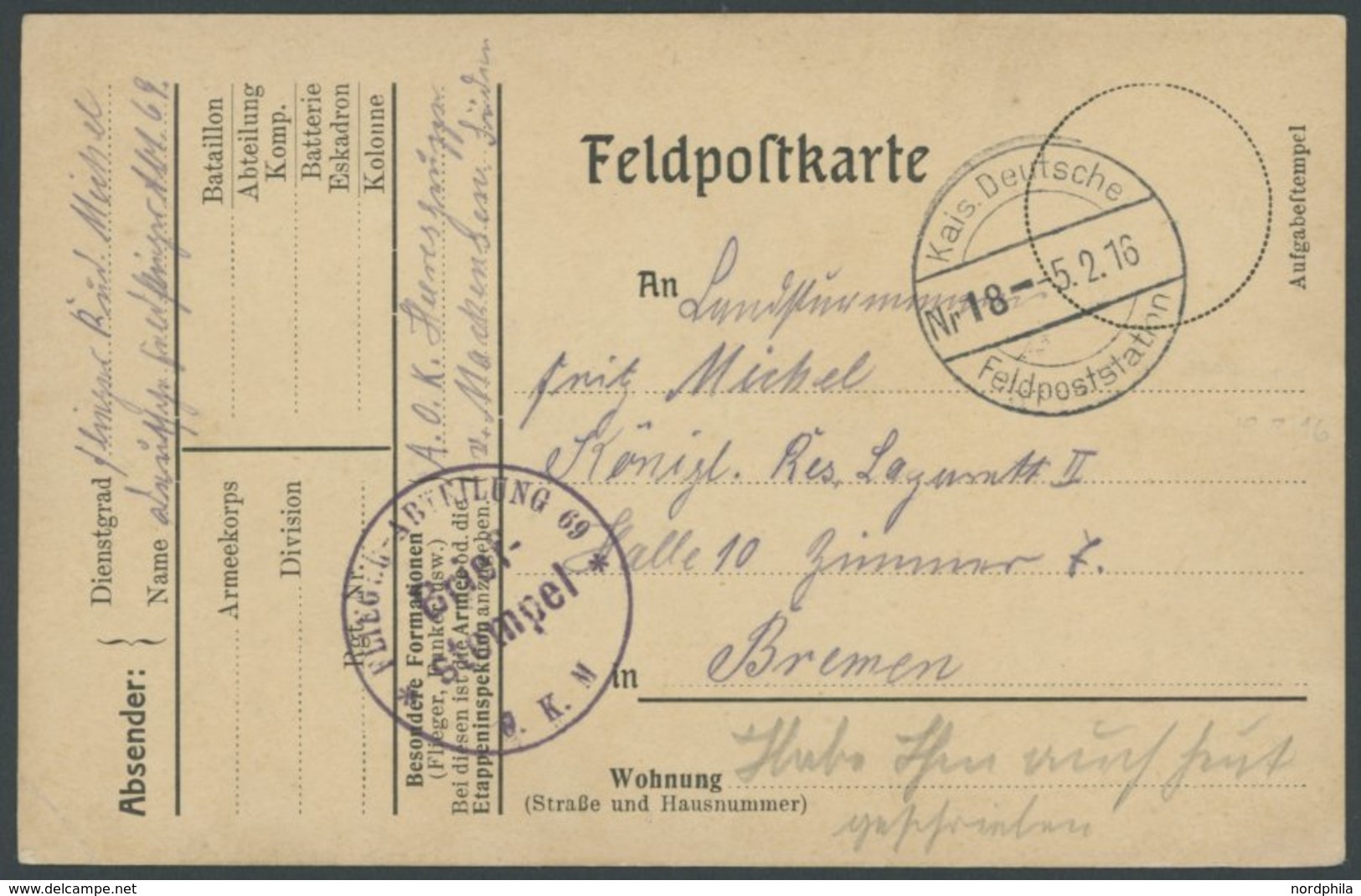 FELDPOST I.WK 1916, Feldpostkarte Mit Briefstempel FLIEGER-ABTEILUNG 69 O.K.M. (Oberkommando V. Mackensen) Und Stempel F - Usados