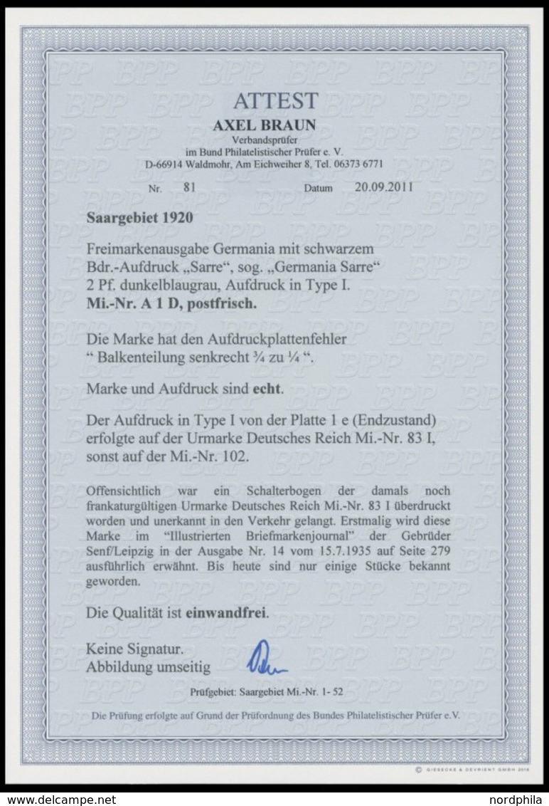 SAARGEBIET A1 PF D **, 1920, 2 Pf. Dunkelblaugrau (schraffierter Hintergrund), Aufdruck Irrtümlich Auf Dt. Reich Mi.Nr.  - Altri & Non Classificati