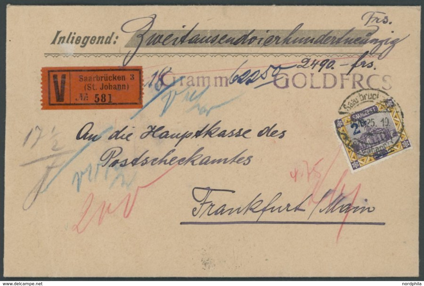 SAARGEBIET 81I BRIEF, 1925, 2 Fr. Auf 5 M. Ludwigskirche, Einzelfrankatur Auf Wertbrief über 2490.- Frs. Von SAARBRÜCKEN - Other & Unclassified