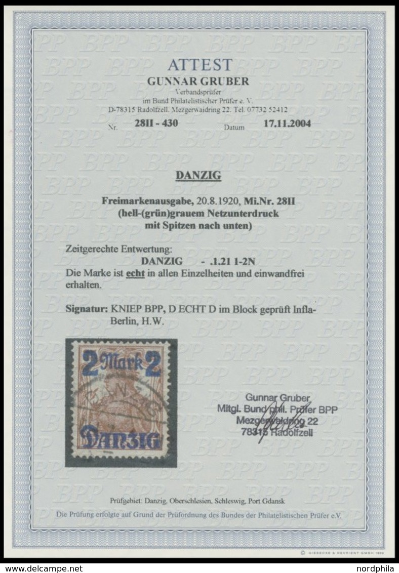 FREIE STADT DANZIG 28II O, 1920, 2 M. Auf 35 Pf., Hellgrauer Netzunterdruck, Spitzen Nach Unten, Zeitgerechte Entwertung - Altri & Non Classificati