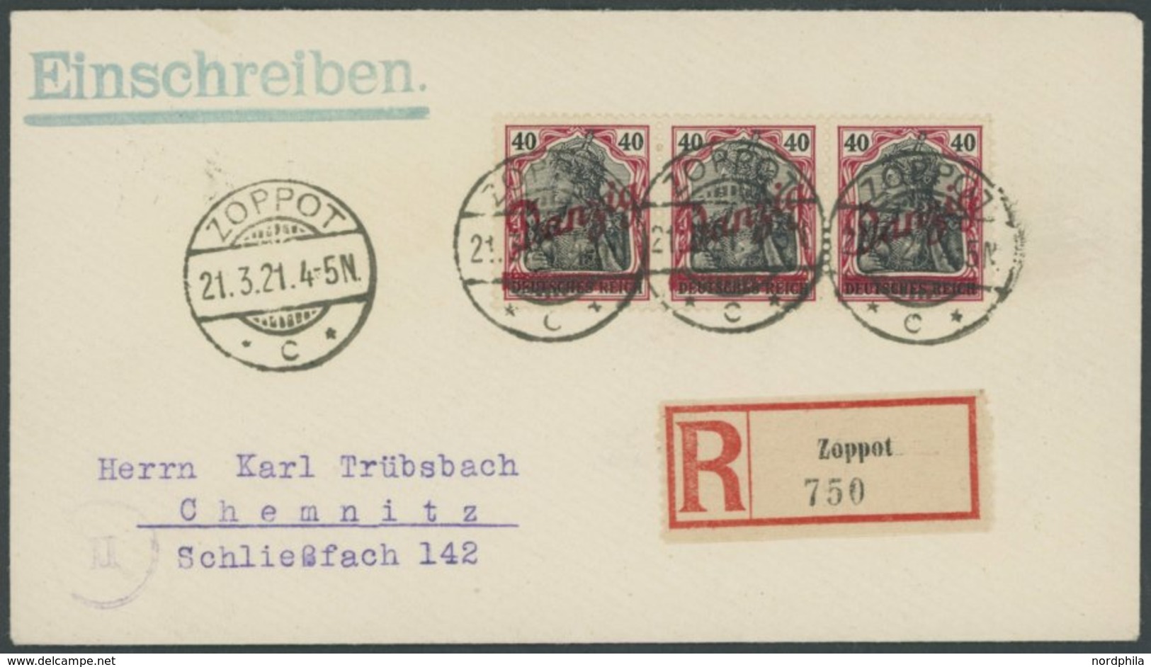 FREIE STADT DANZIG 38a BRIEF, 1921, 40 Pf. Karminrot/schwarz Kleiner Innendienst Im Dreierstreifen Auf Einschreibbrief V - Other & Unclassified