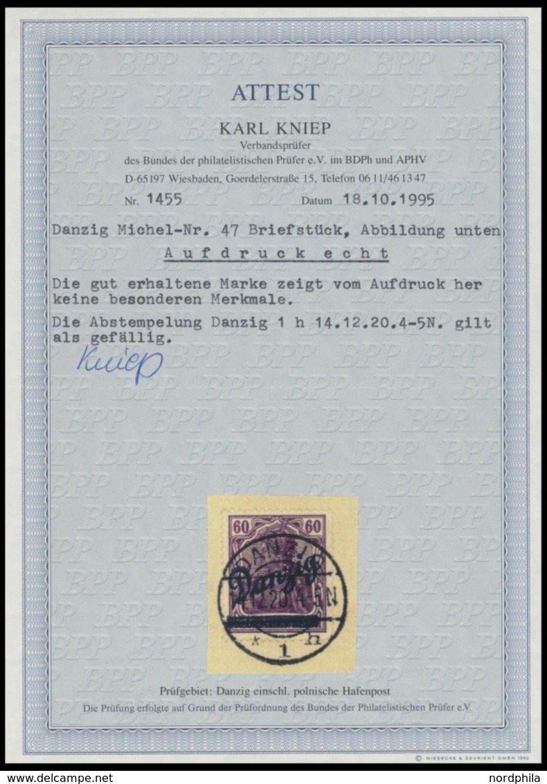 FREIE STADT DANZIG 47 BrfStk, 1920, 60 Pf. Großer Innendienst, Stempel DANZIG 1h, Prachtbriefstück, Fotoattest Kniep, Mi - Sonstige & Ohne Zuordnung