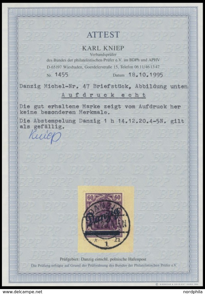 FREIE STADT DANZIG 47 BrfStk, 1920, 60 Pf. Großer Innendienst, Stempel DANZIG 1h, Prachtbriefstück, Fotoattest Kniep, Mi - Other & Unclassified