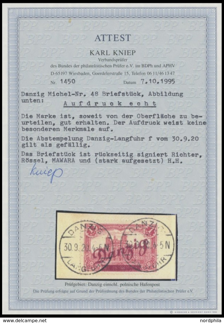 FREIE STADT DANZIG 48 BrfStk, 1920, 1 M. Großer Innendienst, Stempel DANZIG-LANGFUHR F, Prachtbriefstück, Fotoattest Kni - Other & Unclassified