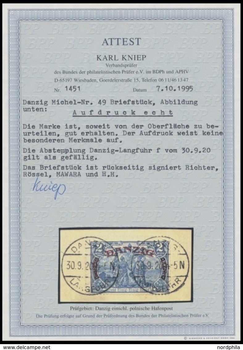 FREIE STADT DANZIG 49 BrfStk, 1920, 2 M. Großer Innendienst, Stempel DANZIG-LANGFUHR F, Prachtbriefstück, Fotoattest Kni - Other & Unclassified