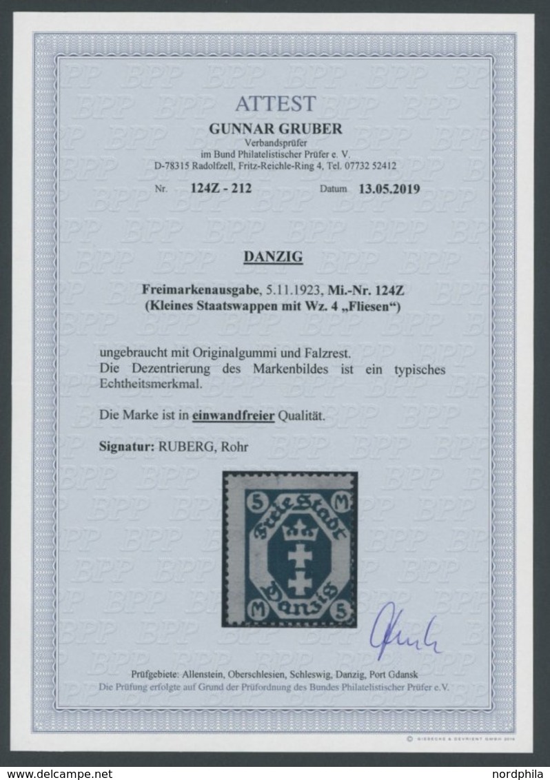 FREIE STADT DANZIG 124Z *, 1923, 5 M. Schwärzlichopalgrün Mit Wz. 4 (Fliesen), Falzrest, Pracht, Fotoattest Gruber: Die  - Altri & Non Classificati