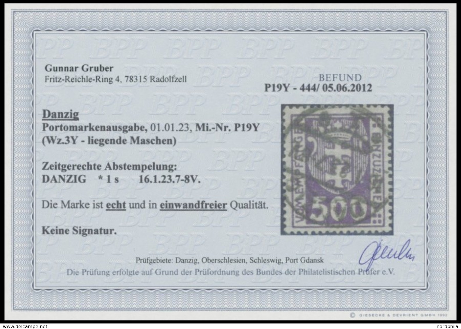 PORTOMARKEN P 19Y O, 1923, 500 Pf. Dunkelpurpur, Wz. 3Y, Zeitgerechte Entwertung DANZIG 1s, Pracht, Fotobefund Gruber, M - Altri & Non Classificati