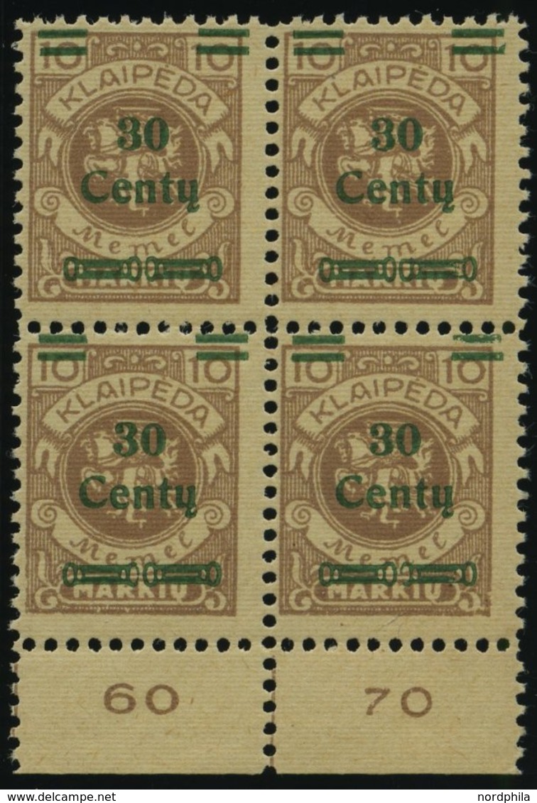 MEMELGEBIET 222 VB **, 1923, 30 C. Auf 10 M. Hellbraun Im Postfrischen Viererblock Vom Unterrand, Pracht, Mi. (1000.-) - Memel (Klaïpeda) 1923