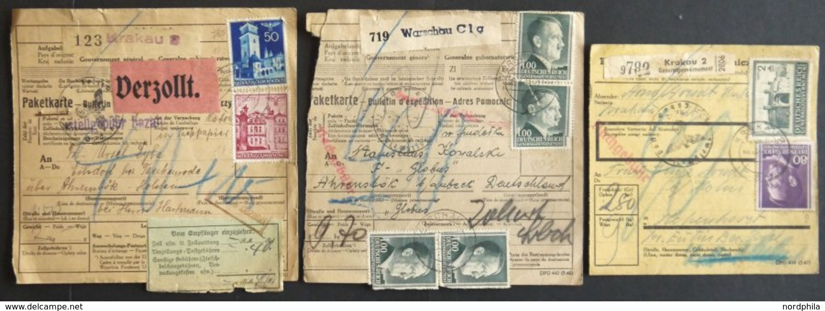 GENERALGOUVERNEMENT 3 Verschiedene Paketkarten, Bedarfsmängel - Ocupación 1938 – 45