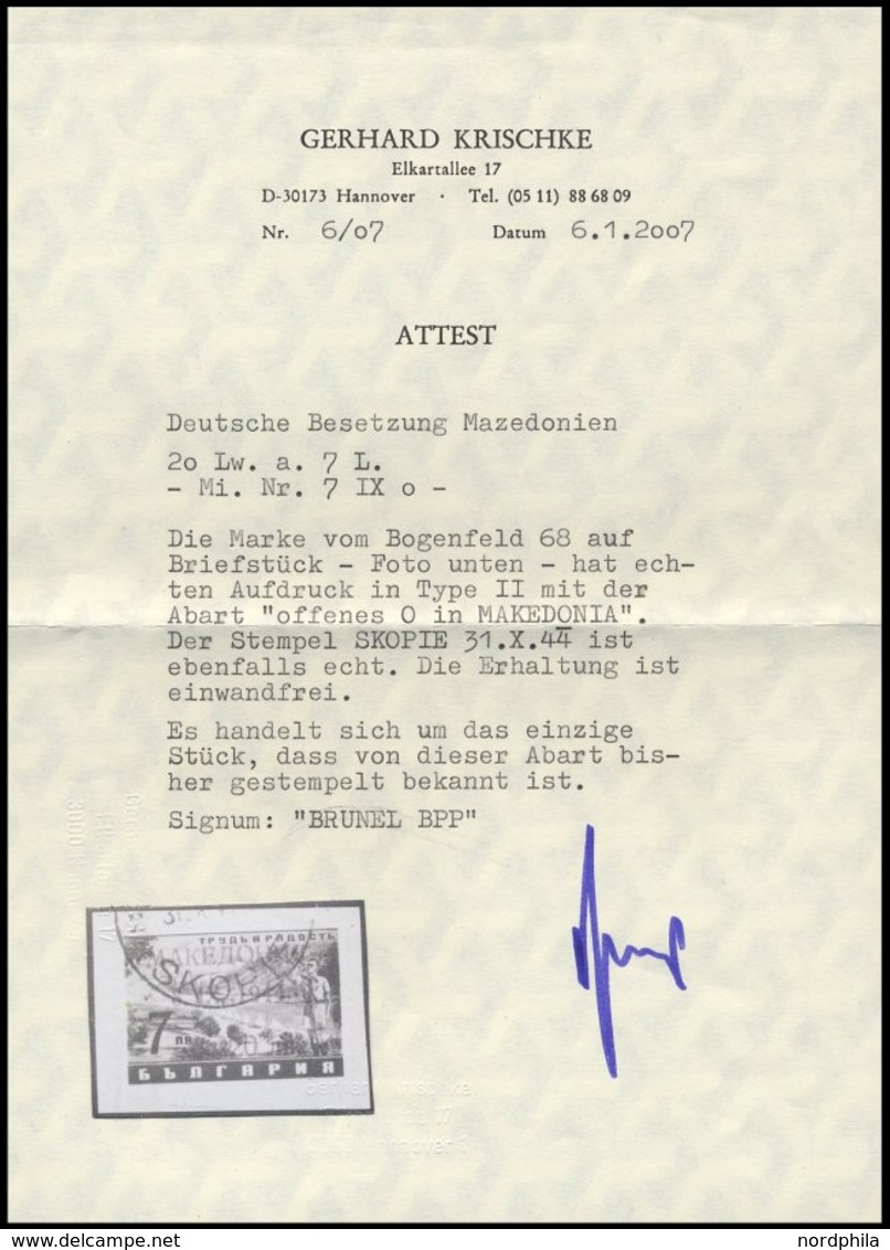 MAKEDONIEN 7IX BrfStk, 1944, 20 Auf 7 L. Schwarzblau Mit Abart Offenes O In Makedonia, Prachtbriefstück, Gepr. Brunel Un - Occupation 1938-45