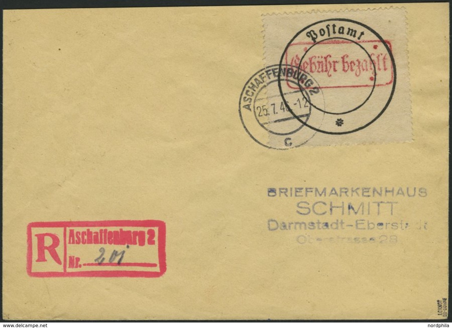 ASCHAFFENBURG 1 BRIEF, 1946, Postverschlusszettel Schwarz/rot Auf Einschreibbrief, Pracht, Gepr. U.a. Zierer, Mi. 700.- - Autres & Non Classés