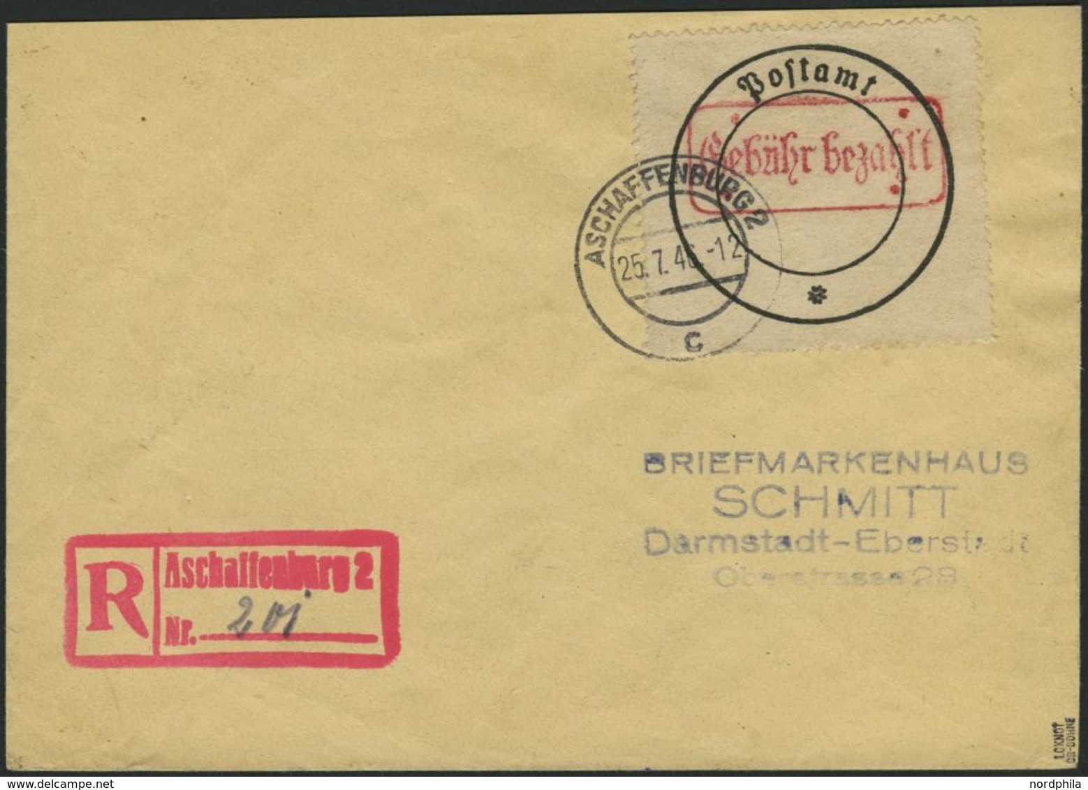 ASCHAFFENBURG 1 BRIEF, 1946, Postverschlusszettel Schwarz/rot Auf Einschreibbrief, Pracht, Gepr. U.a. Zierer, Mi. 700.- - Otros & Sin Clasificación