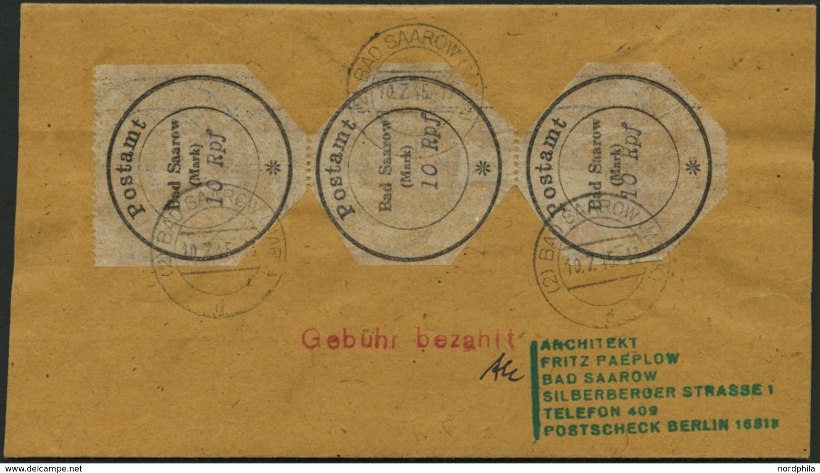 BAD SAAROW 1I Paar BRIEF, 1945, 10 Pf. Postverschlusszettel Im Senkrechten Paar Auf Streifband An F. Paeplow, Mit Rotem  - Posta Privata & Locale