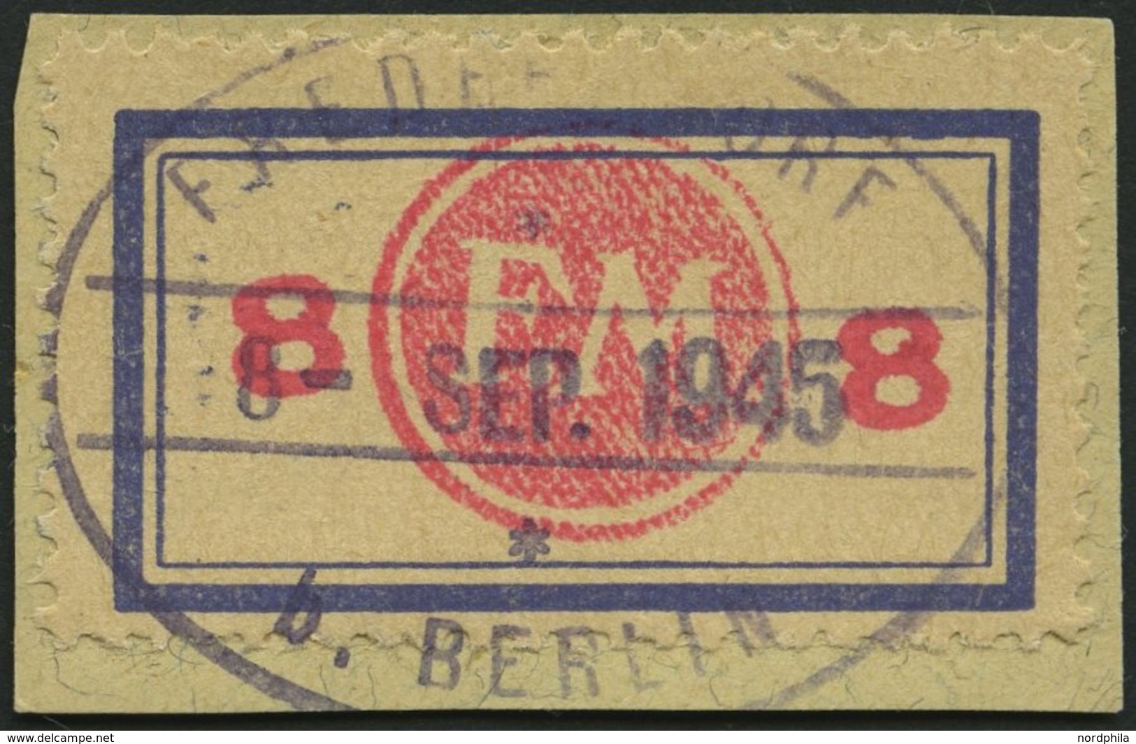 FREDERSDORF Sp 163FI BrfStk, 1945, 8 Pf., Rahmengröße 38x21 Mm, Mit Abart Aufdruck Mittelrosa, Prachtbriefstück, Gepr. E - Posta Privata & Locale