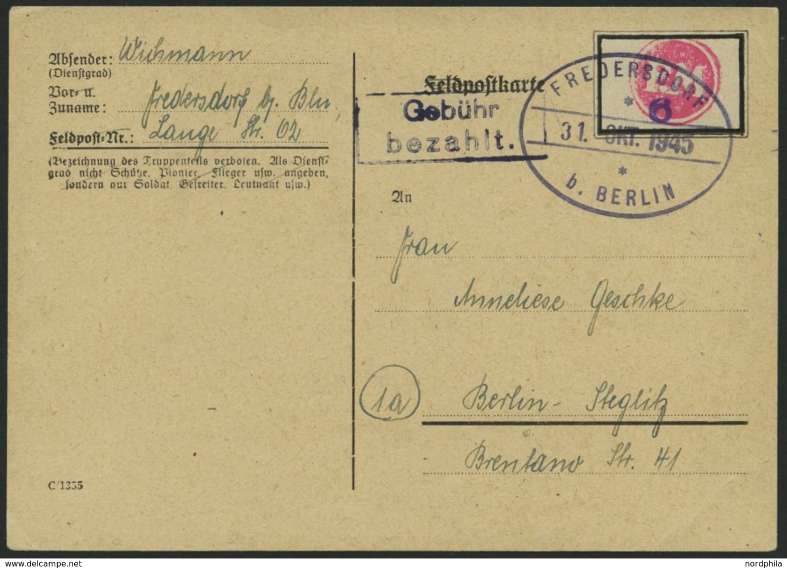 FREDERSDORF Sp 227FIV BRIEF, 1945, 6 Pf., Rahmengröße 28x19 Mm, Große Wertziffer, Mit Abart Wertziffer Bläulichviolett,  - Correos Privados & Locales