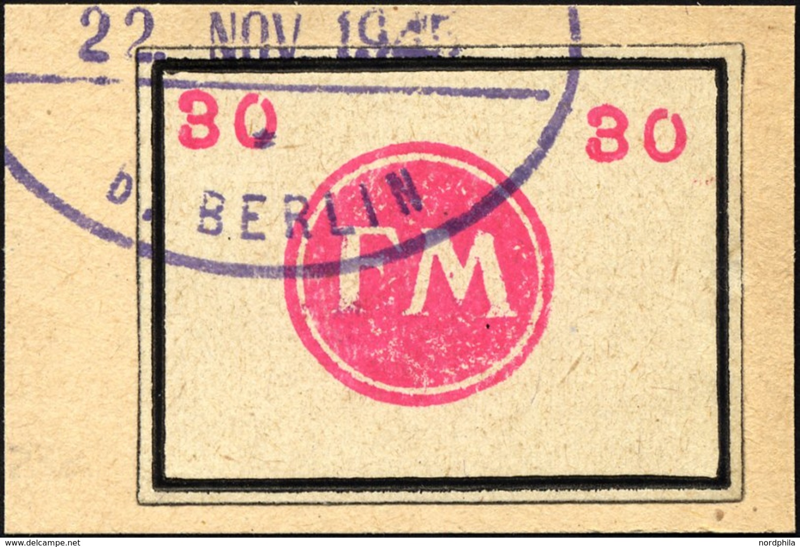 FREDERSDORF Sp 250 BrfStk, 1945, 30 Pf., Rahmengröße 38x28 Mm, Kleine Wertziffern, Prachtbriefstück, Mi. 300.- - Correos Privados & Locales