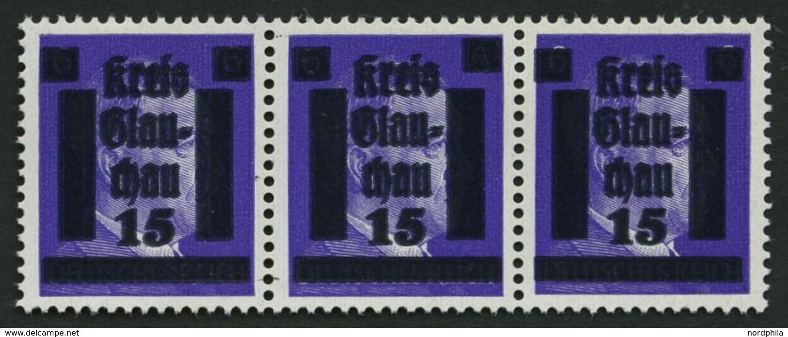 GLAUCHAU 5aDDI **, 1945, 15 Auf 6 Pf. Lebhaftblauviolett Doppelaufdruck Im Waagerechten Dreierstreifen, Ein Wert Mit Aba - Private & Local Mails
