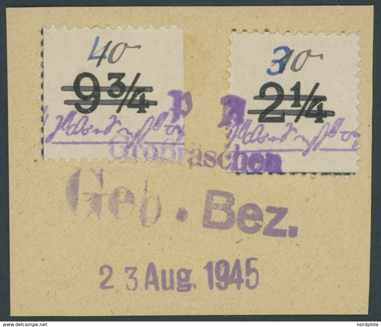 GROSSRÄSCHEN-VORLÄUFER V 7,V 23 BrfStk, 1945, 10 Pf. Uhrzeitklebezettel Und 8 Pf. Rot, Prachtbriefstück, Mi. 800.- - Postes Privées & Locales